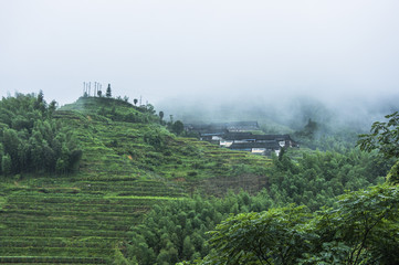 Mountains scenery in the rain and mist