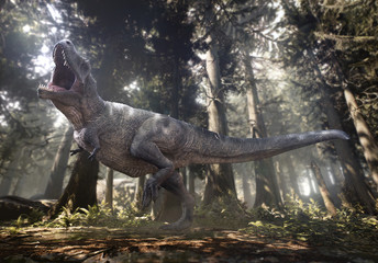 3D rendering of Tyrannosaurus Rex in a woodland Hell Creek.