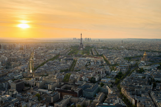 Aerial view of Paris with Eiffel tower at sunset in Paris,France