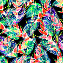 Seamless floral tropical pattern. Hand painted watercolor exotic heliconia flowers and calathea leafs on black background. Textile design.