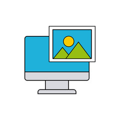 monitor computer with social media icon vector illustration design