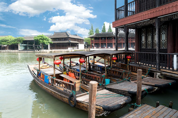 Fototapeta na wymiar China traditional tourist boats on canals of Shanghai Zhujiajiao