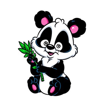 Panda little bamboo cartoon illustration isolated image animal character 
