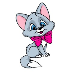 Gray kitten bow cartoon illustration isolated image animal character 
