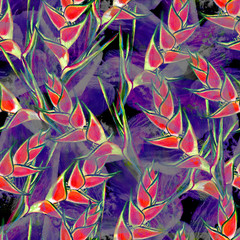Seamless floral tropical pattern. Hand painted watercolor exotic heliconia flowers on abstract violet and black background. Textile design.