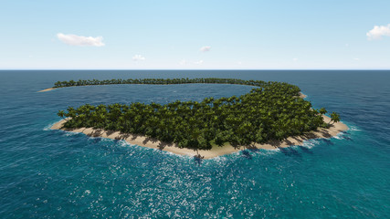 Island in the ocean. 3D illustration.
Aerial view of tropical island palm tree beach from above.  Exotic island scene, relaxing view. Paradise seaside lagoon.