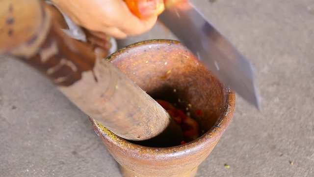 Thai people cooking Green Papaya Salad Recipe or Som Tum