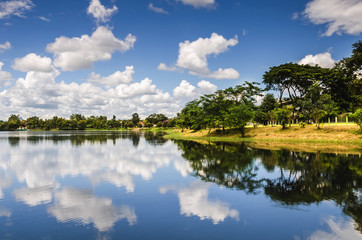 pond and blue sky and white cloud in countryside