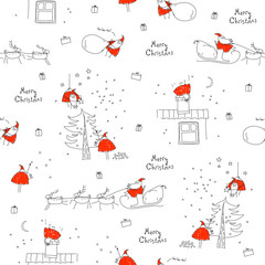 Seamless pattern Merry Christmas. Santa Claus, sleigh, reindeer, Christmas tree, house, chimney, gifts, snow. Christmas background. Xmas sketch. Hand-drawn illustration for New Year's design.  - 120922448