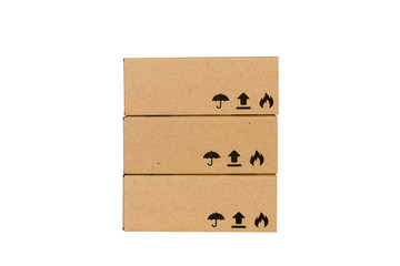 cardboard boxes isolated on a white background with symbols fragile, this