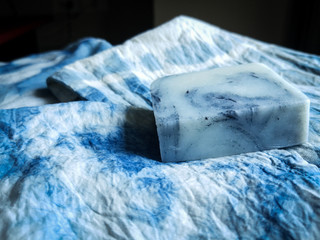 Homemade laundry soap mix with natural indigo for wash tie dye fabric. It on indigo tie dye fabric...