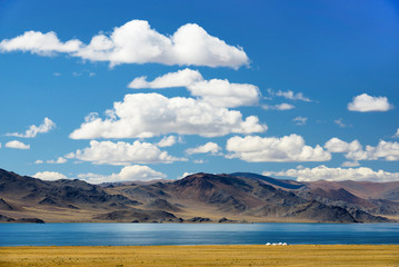 Mongolian landscape with yurts 