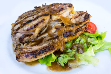 juicy steak beef meat with tomato and potatoes