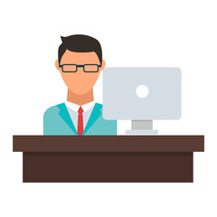 Office working on desktop computer team group person businessman vector. Office worker team and personal businessman office worker. Office worker working male meeting corporate. Office worker manager.