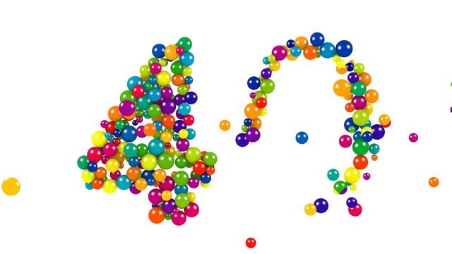 Decorative brightly colored number 40 formed of small balls of different diameters in the colors of the rainbow for use as a design element