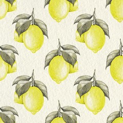 Lemons. Vintage seamless pattern with watercolor fruits. Paper texture