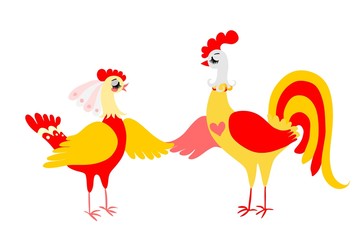 Rooster and hen isolated on white background. Vector illustration.