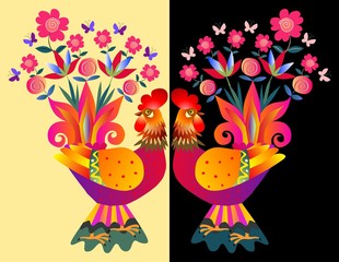 Two bright colorful cockerels - Vases with flowers. Beautiful card with chinese symbol of 2017 - Year of the rooster.