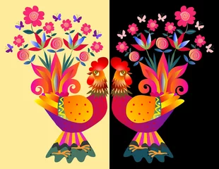 Fotobehang Two bright colorful cockerels - Vases with flowers. Beautiful card with chinese symbol of 2017 - Year of the rooster. © Happy Dragon