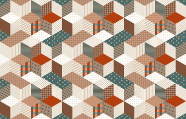 Seamless patchwork pattern with stars. Vector background. Quilting in brown and green tones.