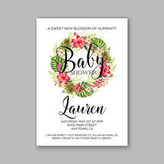 Baby shower invitation template with watercolor tropical flower wreath