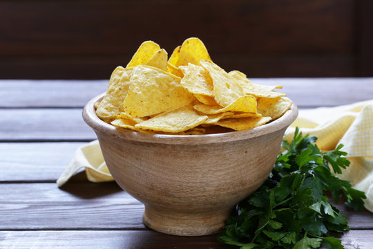 Corn Chips, Nachos In A Bowl On The Table