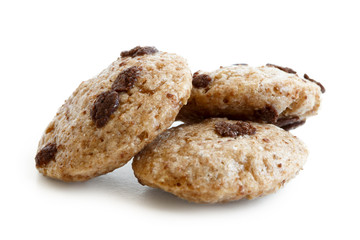 Three chocolate chip cookies cereal isolated on white.