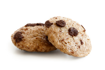 Two chocolate chip cookies cereal isolated on white.