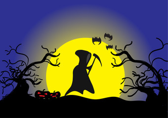 Halloween day ,Angel of Death pumpkins yellow Moon bat and Silhouette tree background , vector illustration.