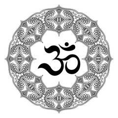 A circular pattern in the form of a mandala. OM decorative symbol. Mehndi style. Decorative pattern in oriental style. Henna tattoo pattern in Indian style.
