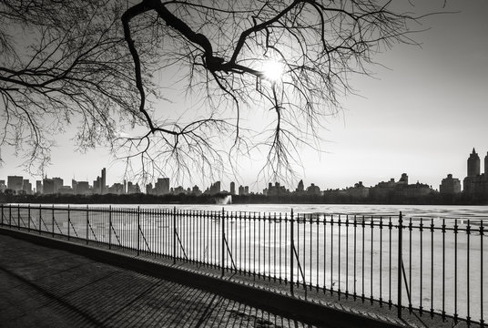 Black and White cityscape in winter with Central Park reservoir - Manhattan, New York City