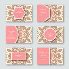 Set of ornamental hand drawn mandala cards, business, visiting template.Vintage decorative style. Indian, asian, arabic, islamic, ottoman motif. Vector illustration. 