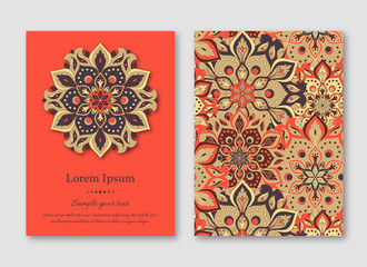 Set of cards, flyers, brochures, templates with hand drawn mandala pattern. Vintage oriental style. Indian, asian, arabic, islamic, ottoman motif. Vector illustration.