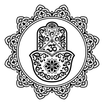 Hamsa hand drawn symbol in mandala. Mehndi style.Decorative pattern in oriental style. For henna tattoos, and decorative design documents and premises.

