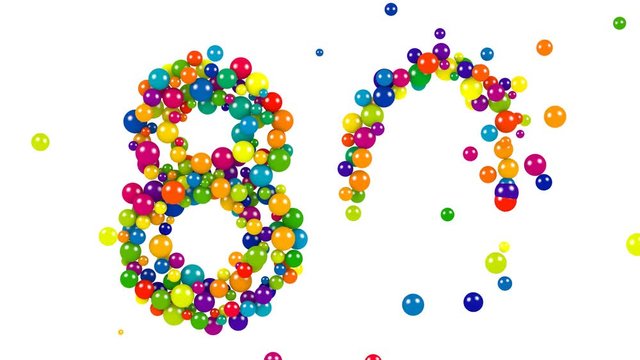 Colorful red, blue, yellow, green and blue balloons forming the number 80 over isolated background