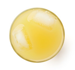 glass of fresh pineapple juice isolated on white, from above