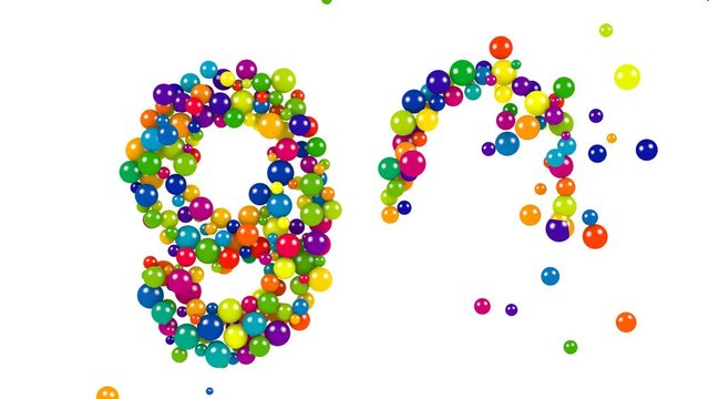 Various red, blue, yellow, green and blue balloons forming the number 90 over isolated background