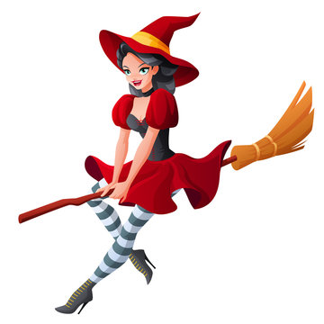 Woman in dark red Halloween costume of witch flying on broom. Cartoon style vector illustration isolated on white background.