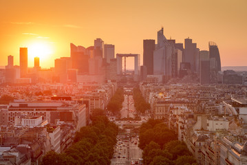 La defense district business in Paris at sunset, view from arc d