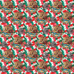 Mexican flag and coat of arms seamless pattern.Flag and coat of arms of Mexico background usable for decoration, textile or paper prints, scrapbooks,planner supplies.
