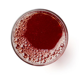 glass of fresh pomegranate juice isolated on white, from above