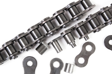 Industrial driving roller chain on white background