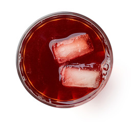 glass of fresh pomegranate juice isolated on white, from above