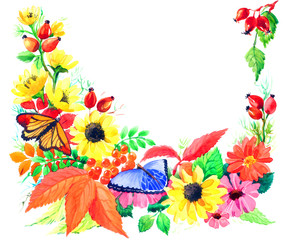 The composition of autumn leaves with fruits and vegetables made by hand drawing watercolor isolated on the white background. Post card of autumn season with flowers