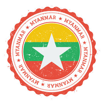 Grunge rubber stamp with Myanmar flag. Vintage travel stamp with circular text, stars and national flag inside it. Vector illustration.