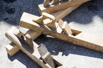Traditional tools sculptor, wood, hammers and chisels for workin