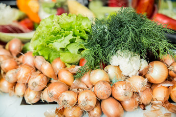 Vintage. Background vegetables. Dill, onions, eggplant, peppers, cabbage
