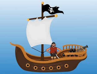 Pirate ship with pirate man and cannon