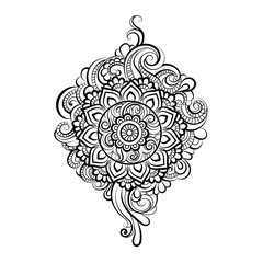 Hand Drawn Ornament with floral pattern. for coloring book for adult. Template for Greeting Card. Vector Monochrome background