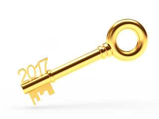 Golden key with numbers 2017 isolated on white background. 3D illustration